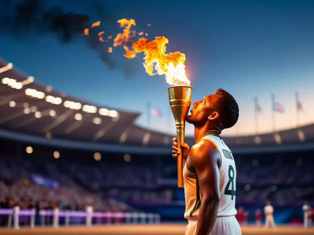 El resplandor del fuego sagrado ilumina la noche en una ceremonia deportiva, evocando tradición y unidad