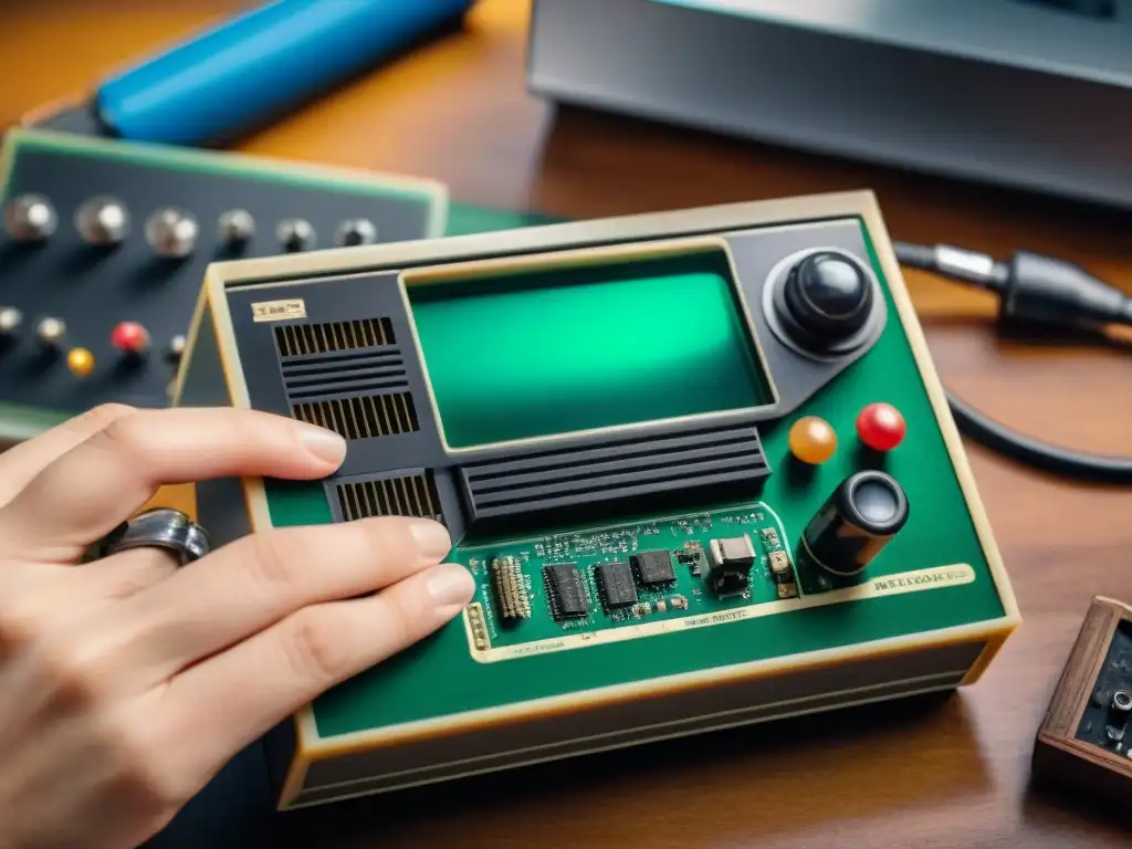 Restauración detallada de consola vintage: manos expertas devuelven vida Restauración de consolas de videojuegos vintage: Manos expertas restauran con precisión una consola antigua bajo lupa y pincel