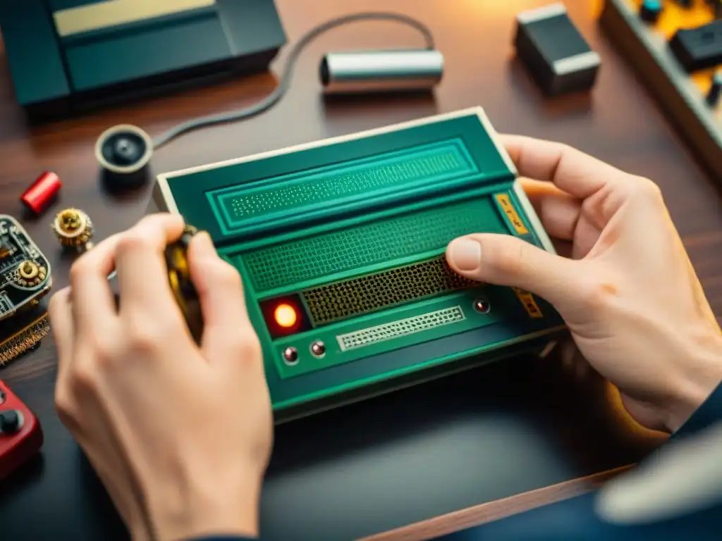 Restauración meticulosa de consola de videojuegos vintage Restauración de consolas de videojuegos vintage: manos habilidosas restaurando delicadamente componentes internos de una consola retro