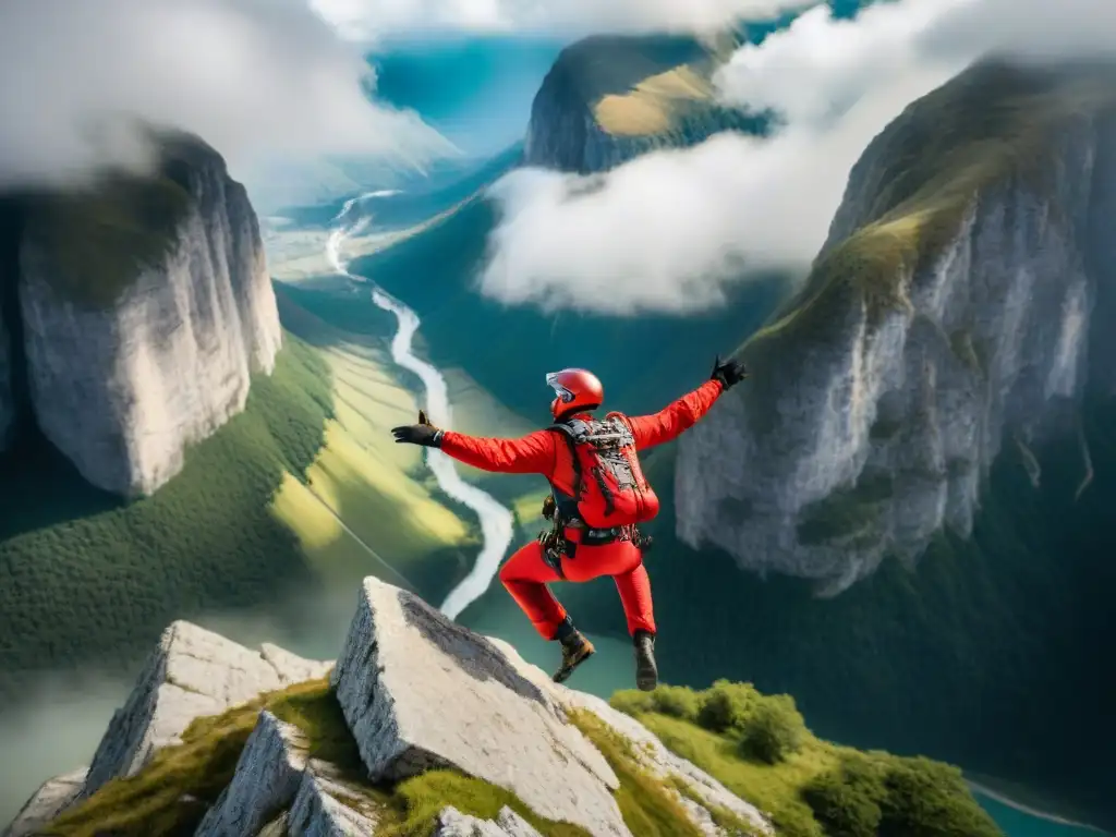 Retrato de base jumper en el borde de un acantilado, reflejando determinación y adrenalina