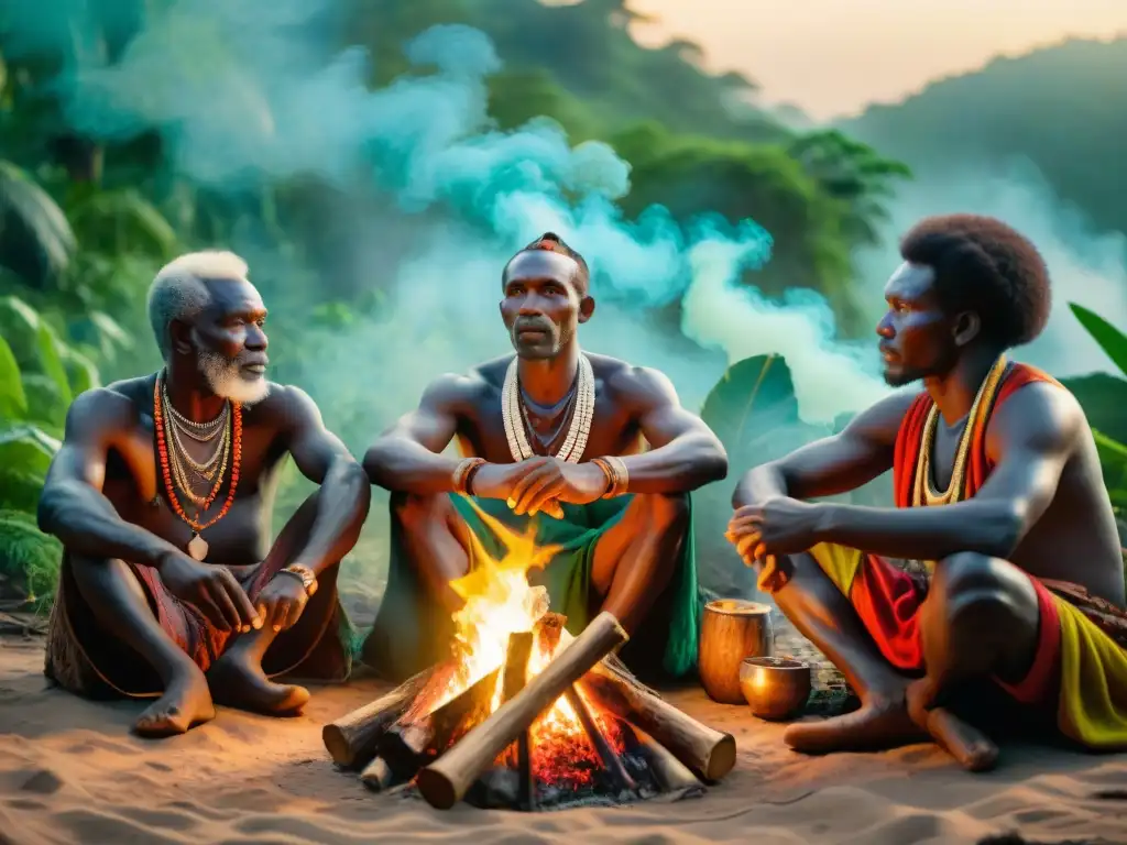 Retrato detallado de ancianos africanos alrededor de fogata transmitiendo habilidades ancestrales africanas juegos supervivencia en la jungla