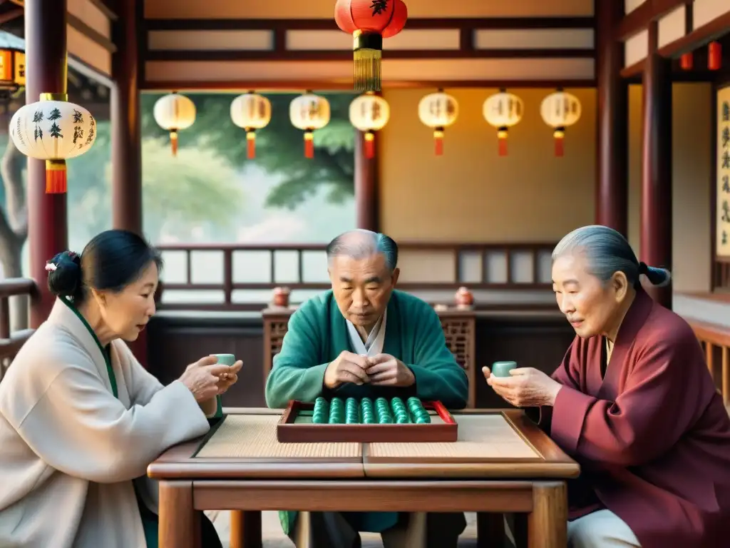 Partida de Mahjong en casa de té: vínculos y tradición Retrato detallado de ancianos jugando Mahjong en una casa de té tradicional, reflejando la psicología del juego de Mahjong