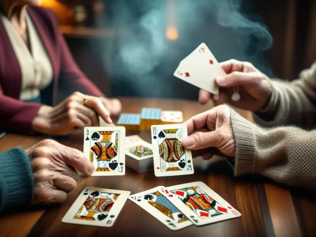 Retrato detallado de ancianos jugando Copas, con cartas desgastadas revelando la historia del juego de Copas en una atmósfera nostálgica