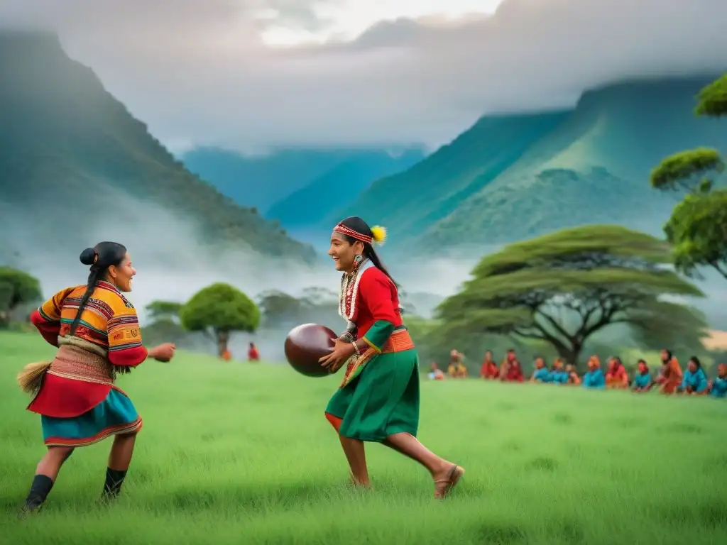 Un retrato detallado de niños indígenas de diversas tribus de América Latina disfrutando de un juego de 'Pelota Mixteca'