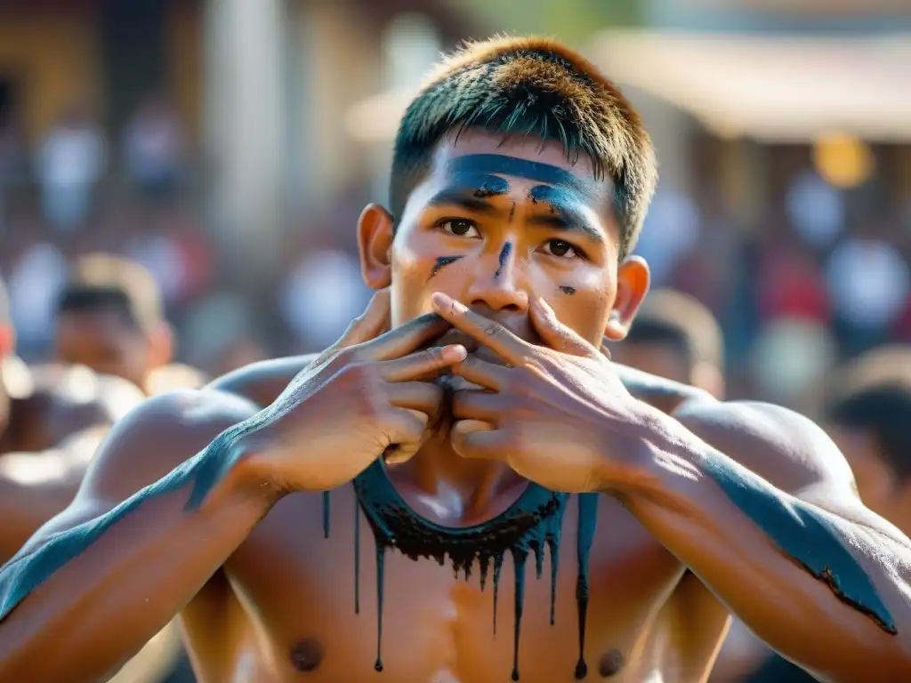 Un retrato intenso de un joven indígena compitiendo en el tradicional Juego del Palo Ensebado, destacando destreza y emoción