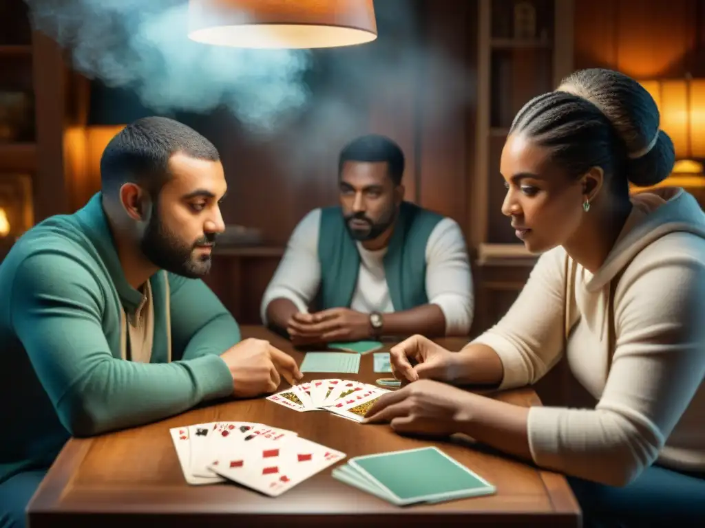 Una reunión cálida y acogedora de personas de diversas edades y orígenes jugando juegos de cartas, mostrando la influencia de juegos de cartas