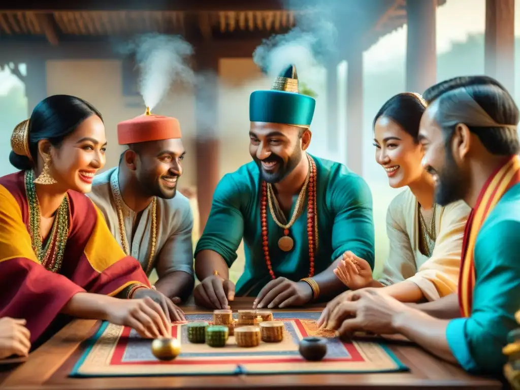 Una reunión de amigos de diversas culturas jugando juegos tradicionales en un ambiente acogedor y lleno de color