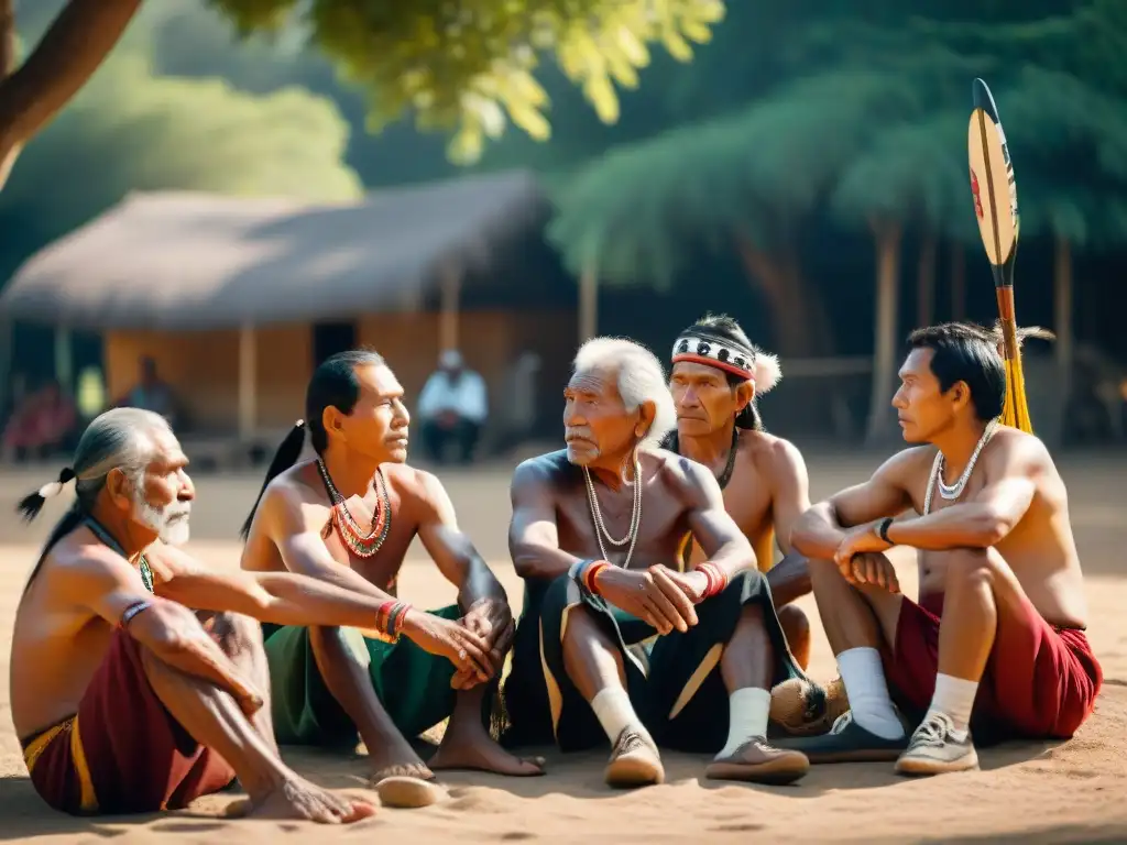 Reunión de ancianos indígenas bajo árbol transmitiendo tradiciones deportivas