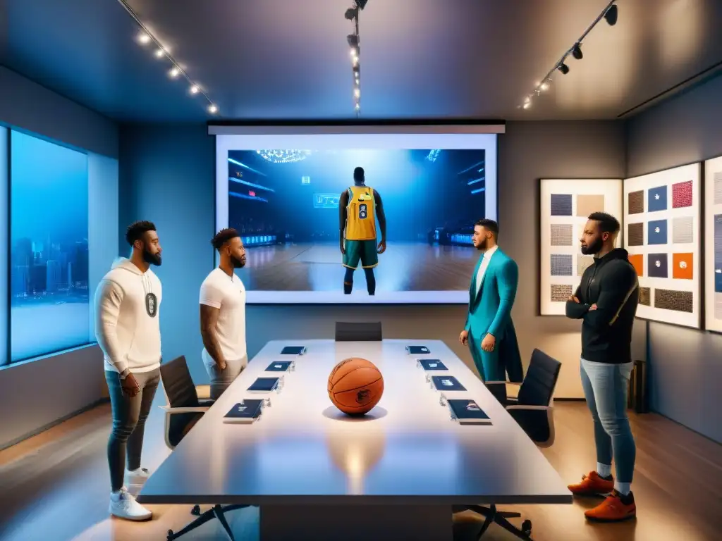 Una reunión de colaboración NBA y diseñadores de moda en un ambiente vibrante y creativo