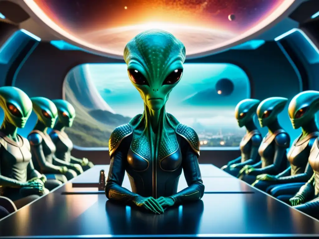 Una reunión de embajadores alienígenas en Stellaris, con seres de diversas especies en una cámara diplomática futurista