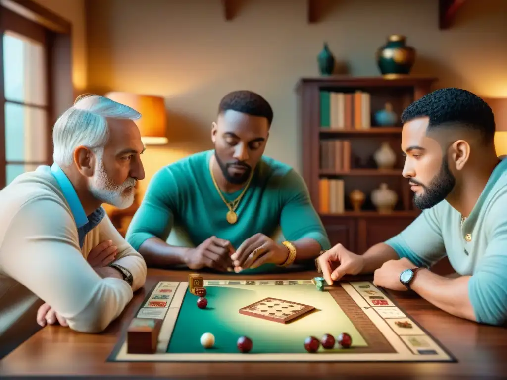 Una reunión de jugadores de todas las edades disfrutando de un juego de mesa histórico rodeados de elementos culturales