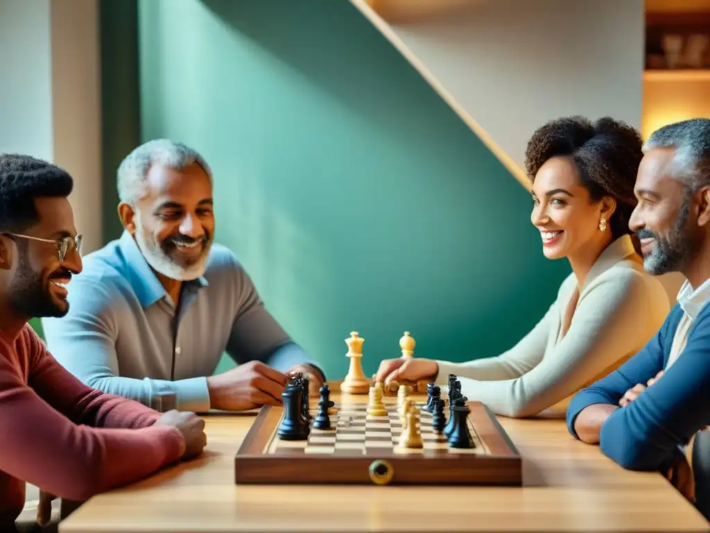 Una reunión nostálgica de diversas personas disfrutando de juegos de mesa en la era digital, transmitiendo camaradería y diversión