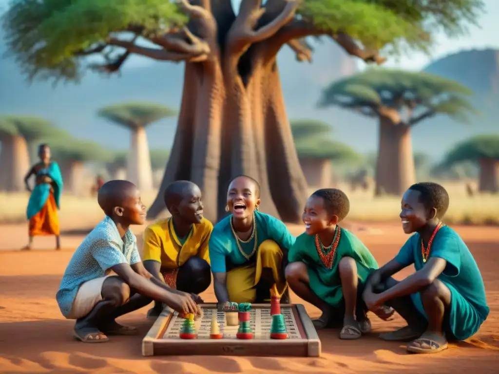 Revitalización de juegos tradicionales africanos: Niños africanos juegan bajo un baobab, en un escenario colorido y alegre