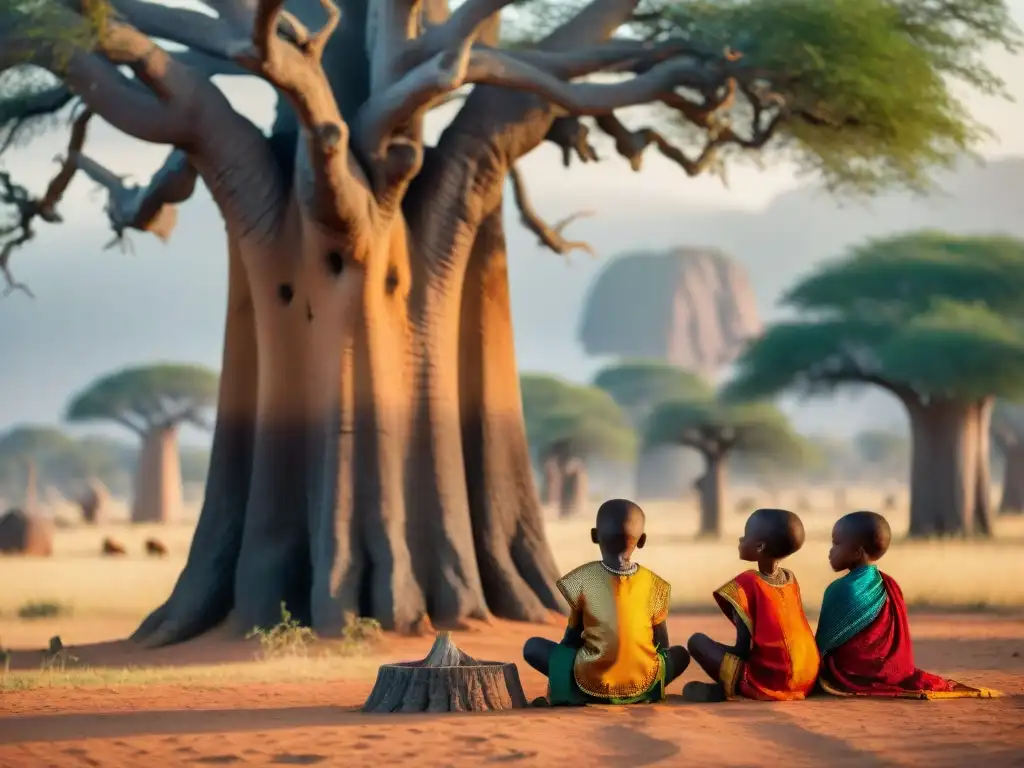 Revitalización de juegos tradicionales africanos: Niños juegan bajo un baobab con atuendos vibrantes en la sabana al atardecer