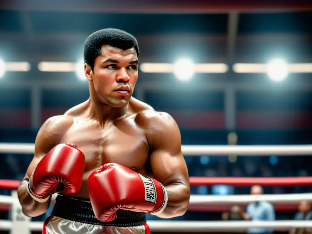 Muhammad Ali en el ring con guantes rojos, reflejando fuerza y determinación