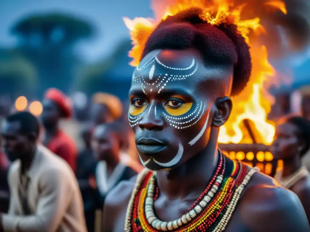 Ritual funerario en África: Tribus en ceremonia nocturna alrededor de fogata