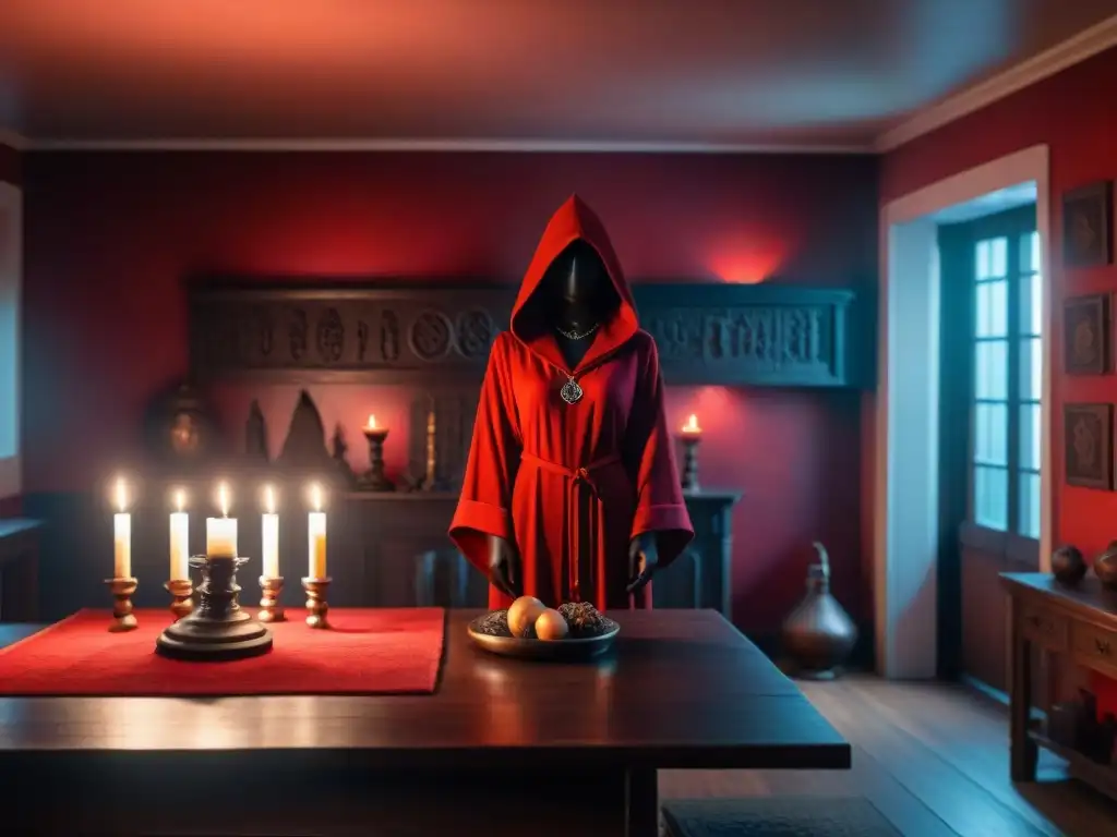 Un ritual misterioso de juegos prohibidos y prácticas ocultas en una habitación tenebrosa