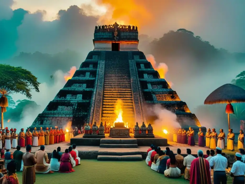 Rituales de celebración en culturas: Antiguos sacerdotes mayas realizan danza ritual en la selva