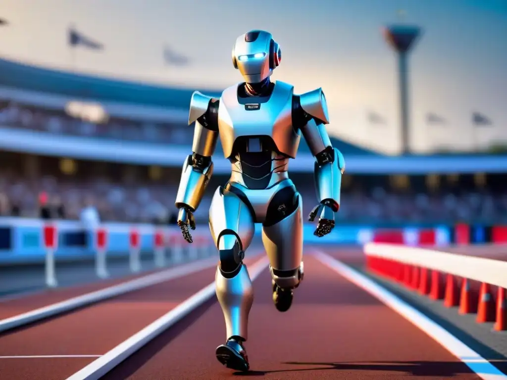 Un robot humanoide compite en una carrera de alto nivel con atletas profesionales en un estadio futurista