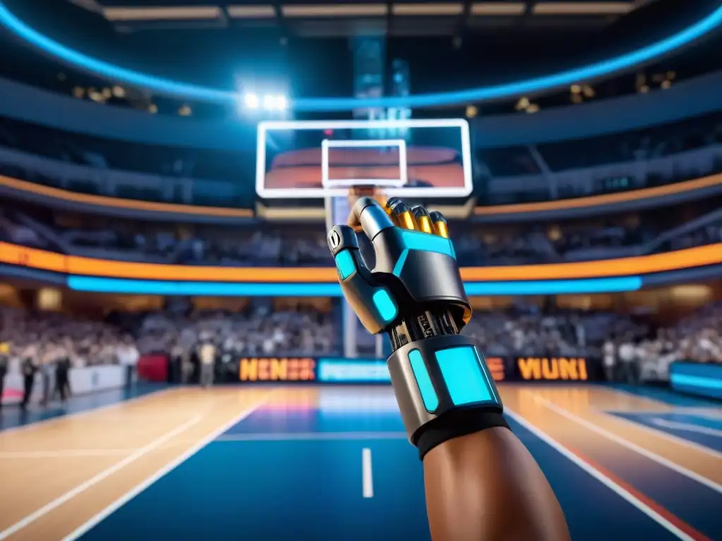 Robots en deportes del futuro: Un brazo robótico agarra una pelota de baloncesto en un escenario futurista lleno de espectadores