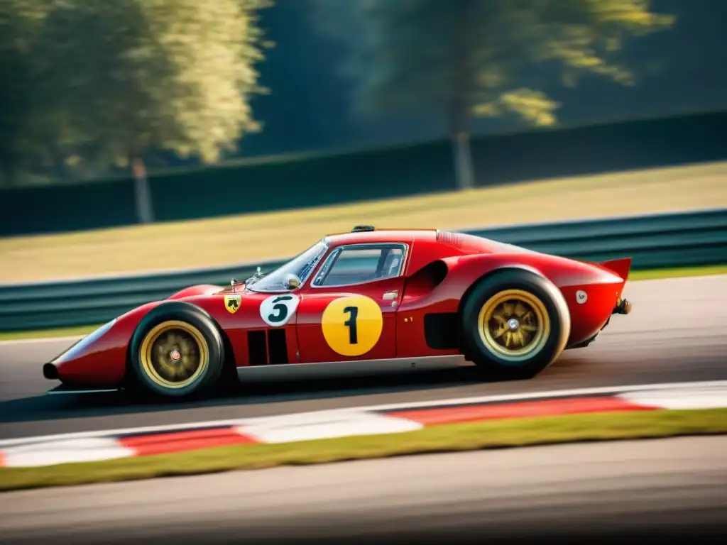 Un Ferrari rojo vintage en la famosa pista de Monza, Italia, destilando la intensidad y la historia del automovilismo en Europa