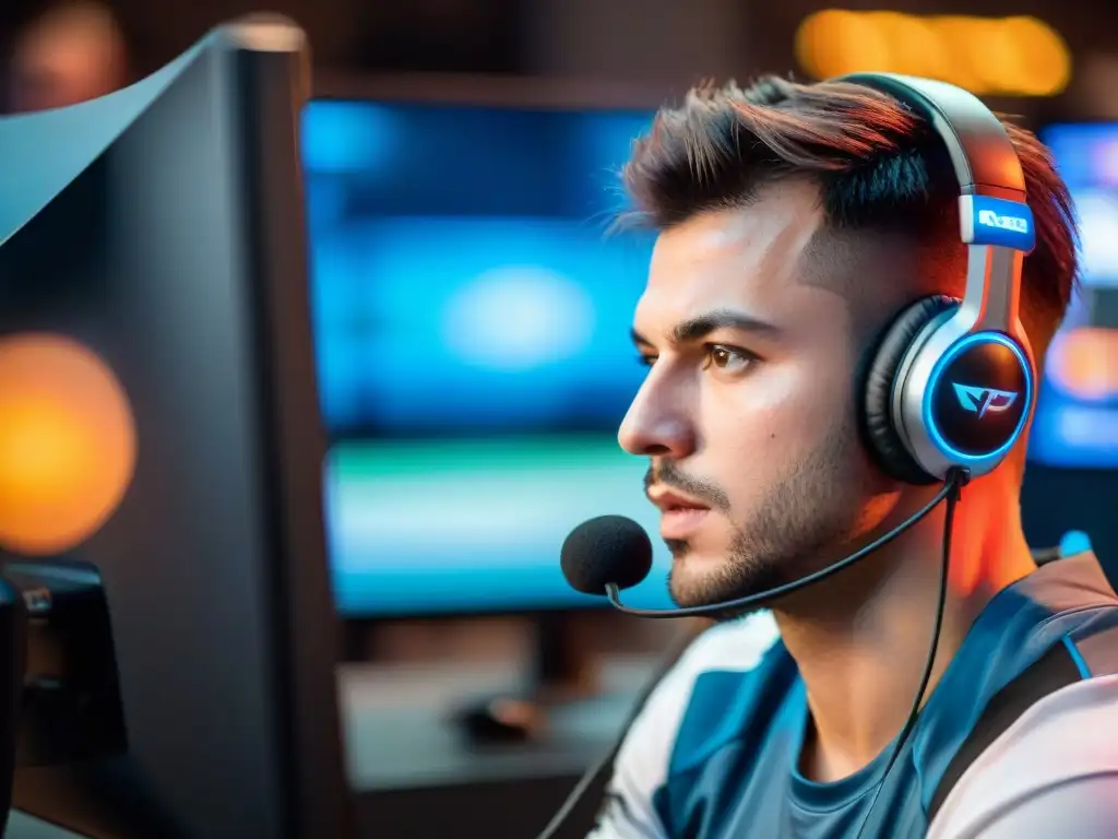 El rostro concentrado de un jugador de eSports refleja pasión y determinación, iluminado por la pantalla de la computadora