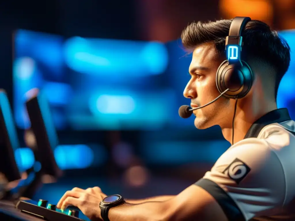 El rostro concentrado de un jugador de eSports durante un campeonato, rodeado de tecnología