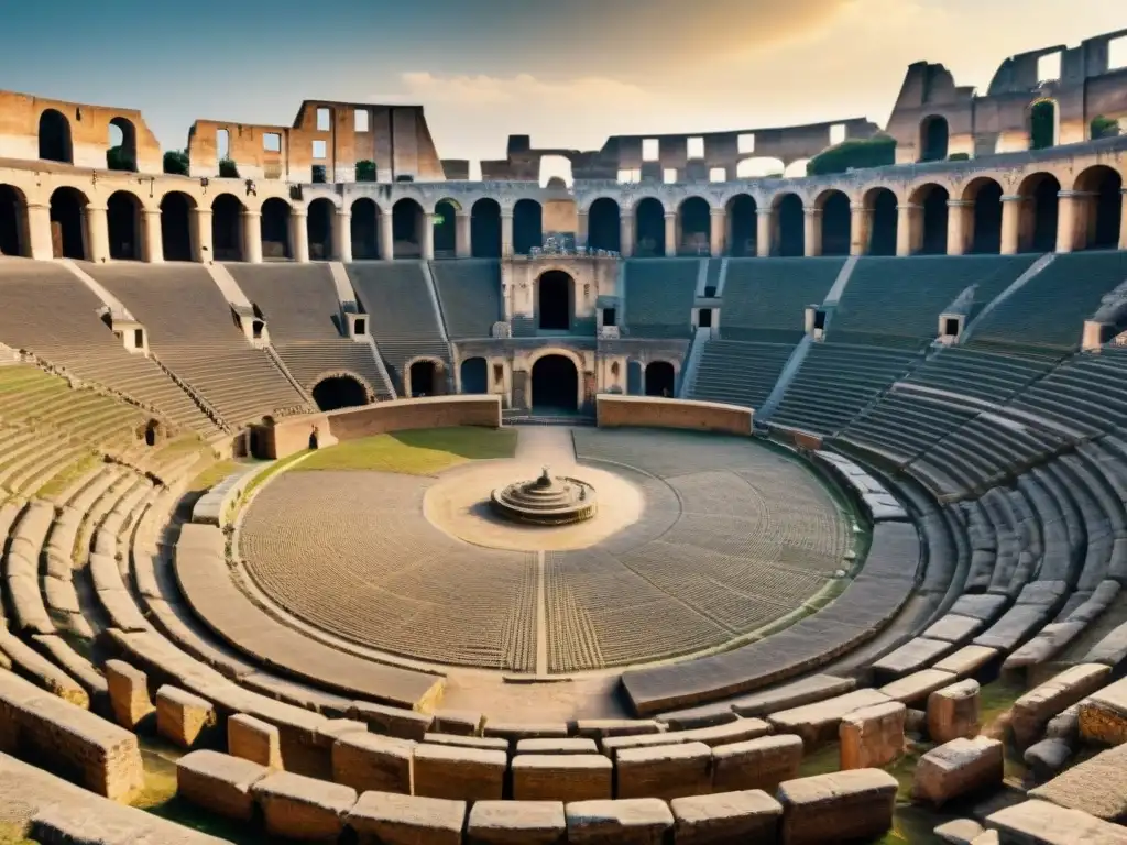 Ruinas de anfiteatro romano con recreación de batallas navales en declive en Roma