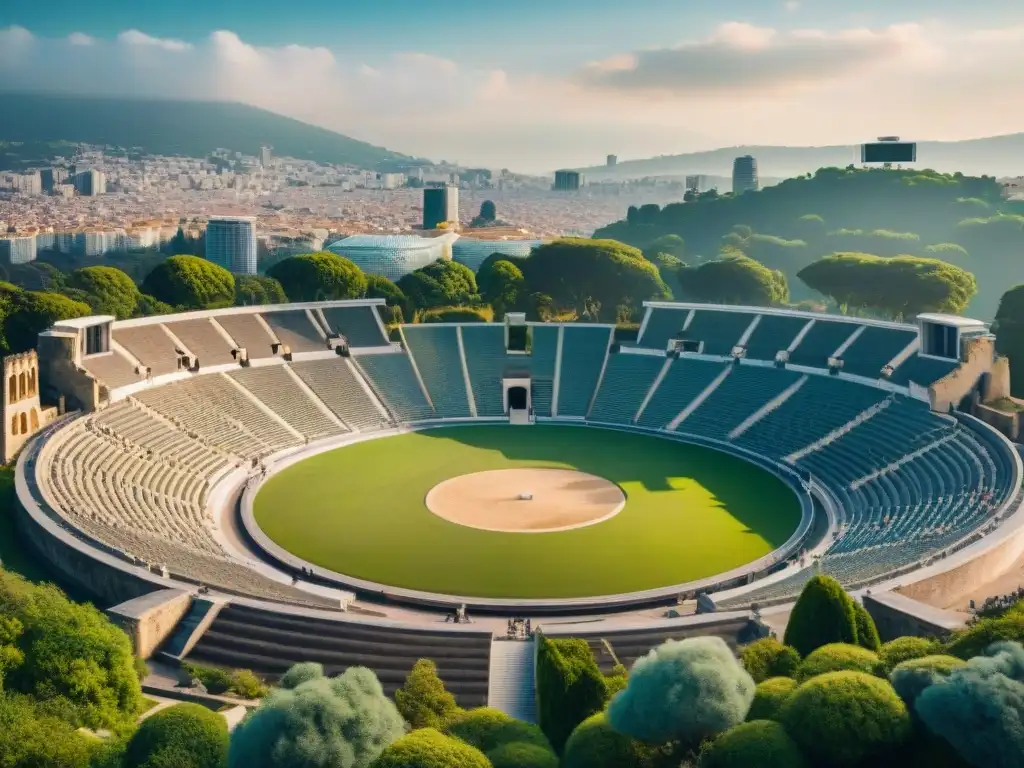 Ruinas antiguas de un estadio olímpico en contraste con la ciudad moderna, simbolizando el resurgimiento de los Juegos Olímpicos