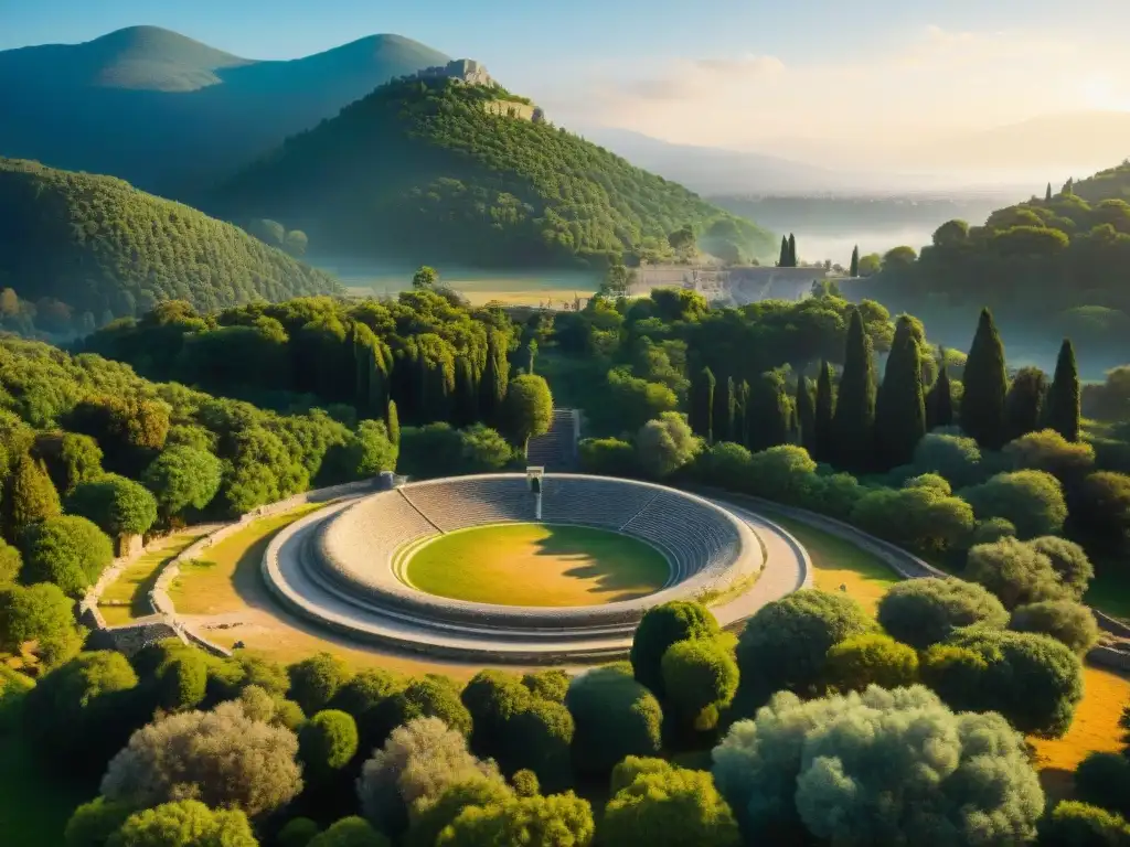 Ruinas antiguas del estadio olímpico en Olympia, Grecia, evocando los orígenes de los Juegos Olímpicos y la evolución de culturas