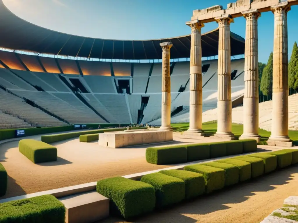 Ruinas antiguas del estadio olímpico en Olimpia, Grecia, con asientos de mármol cubiertos de vegetación, pista y vegetación frondosa