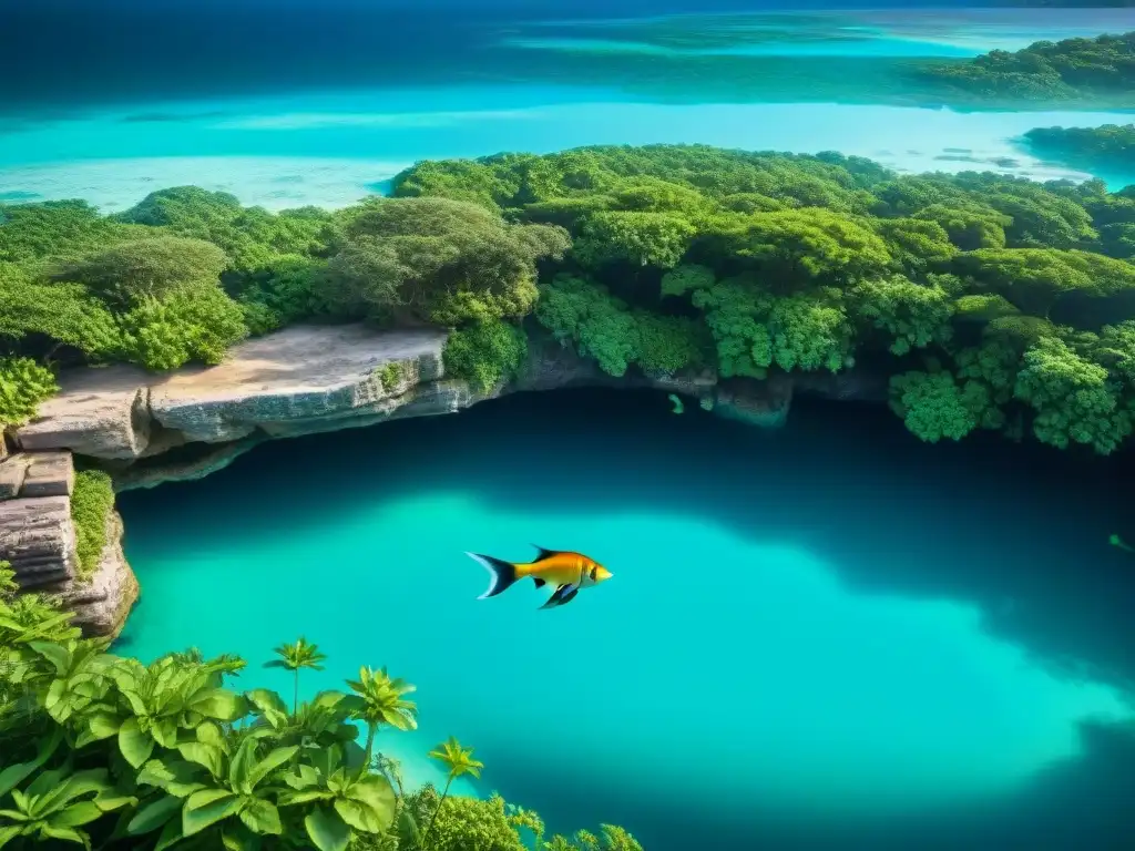 Ruinas antiguas sumergidas en aguas turquesas, rodeadas de vegetación y peces tropicales