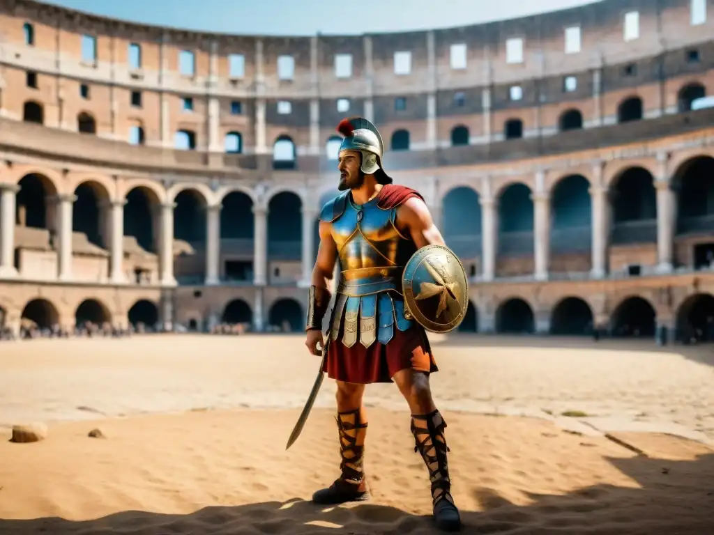 Ruinas de un antiguo anfiteatro en Roma, con detalles arquitectónicos y un gladiador en silueta