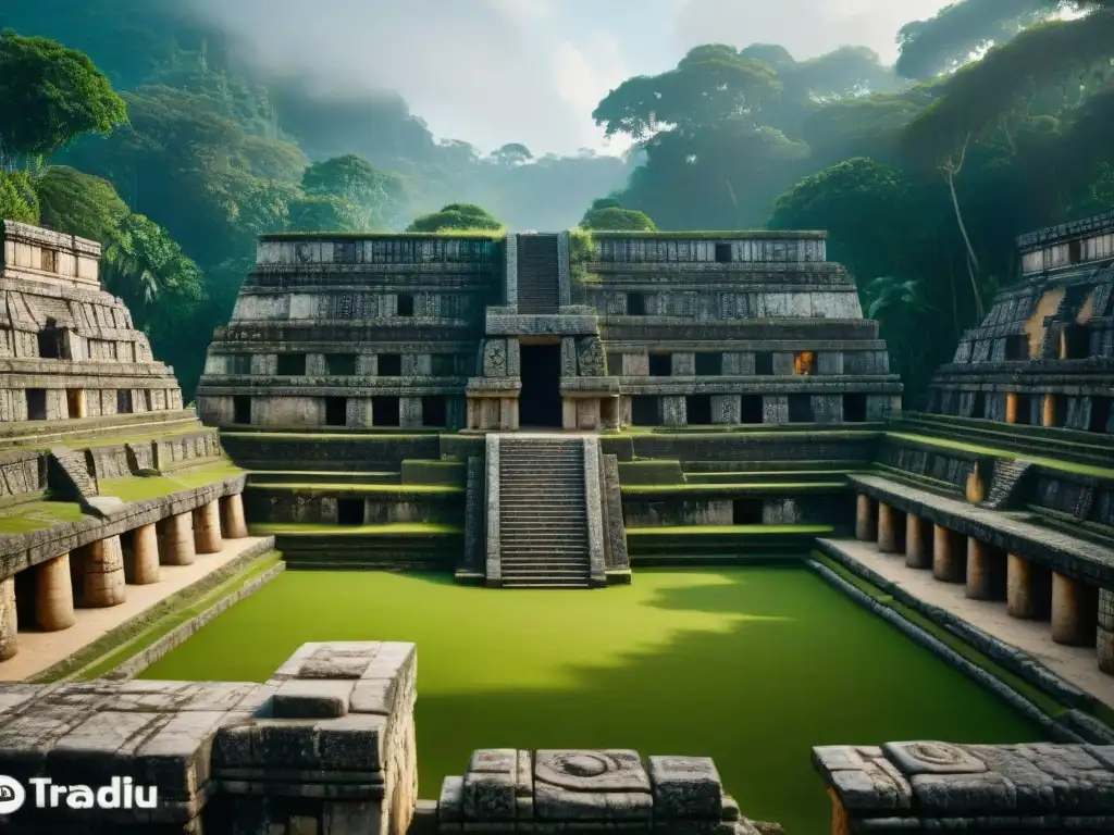 Ruinas de un antiguo campo de pelota maya, con intrincadas tallas de piedra y la vastedad de la selva