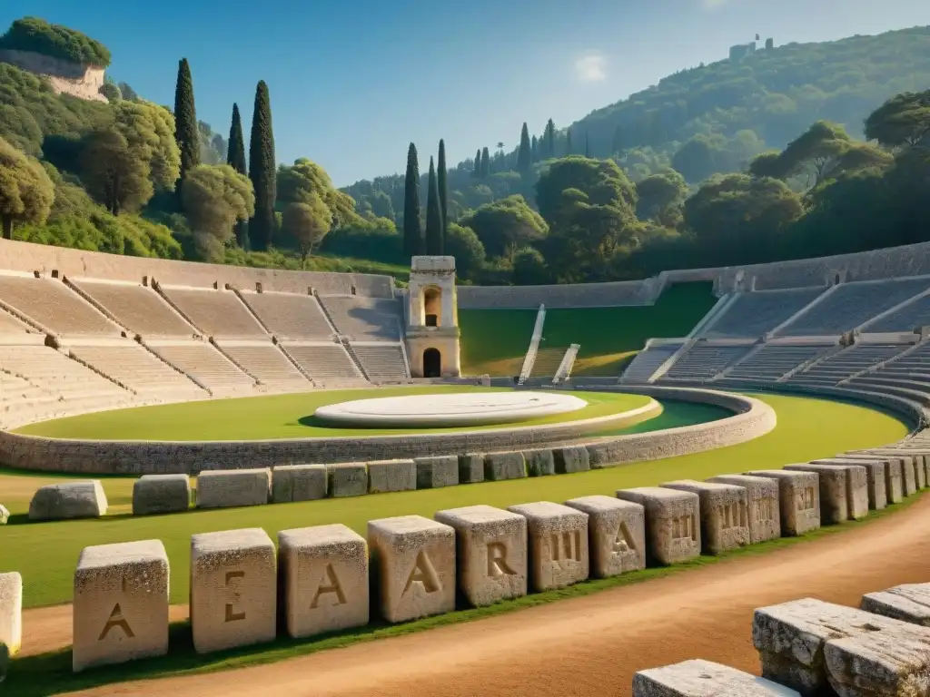 Ruinas del antiguo Estadio Olímpico en Olimpia, Grecia, bajo el sol mediterráneo