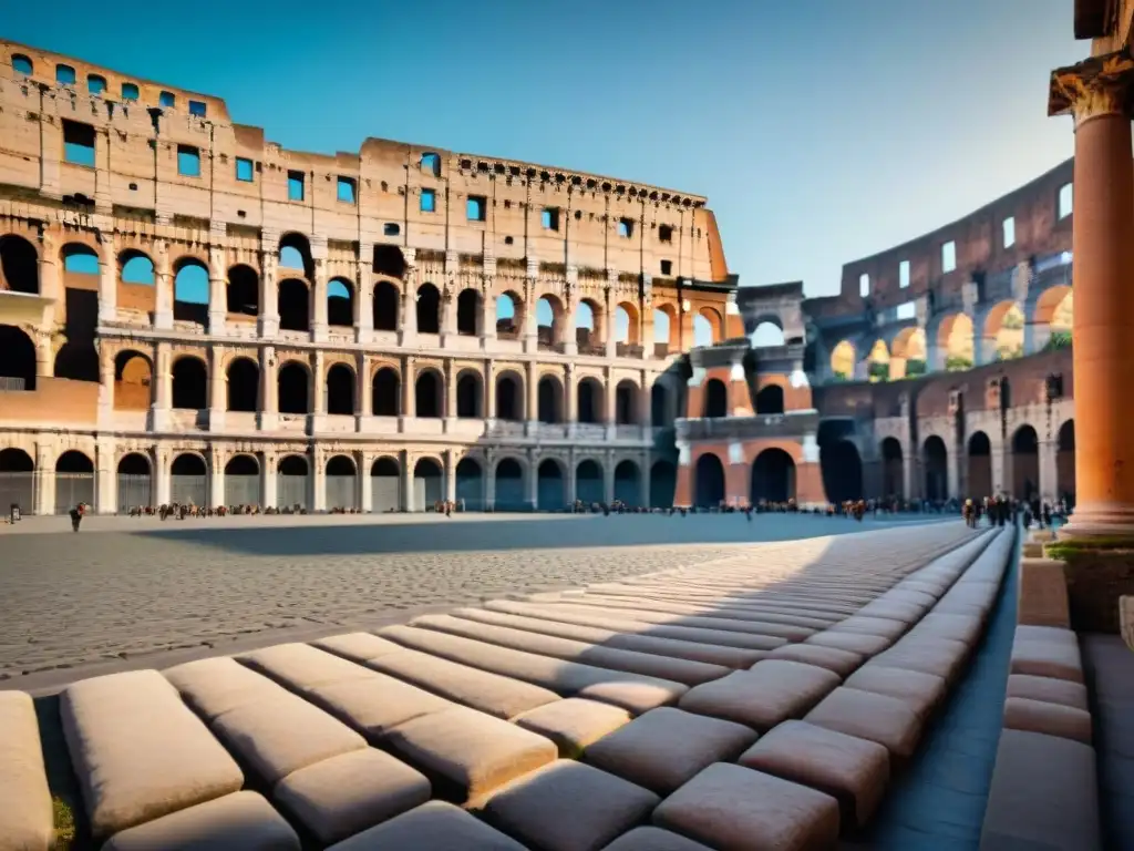 Ruinas del Coliseo Romano contrastadas con juegos calle Antigua Roma y arte urbano moderno