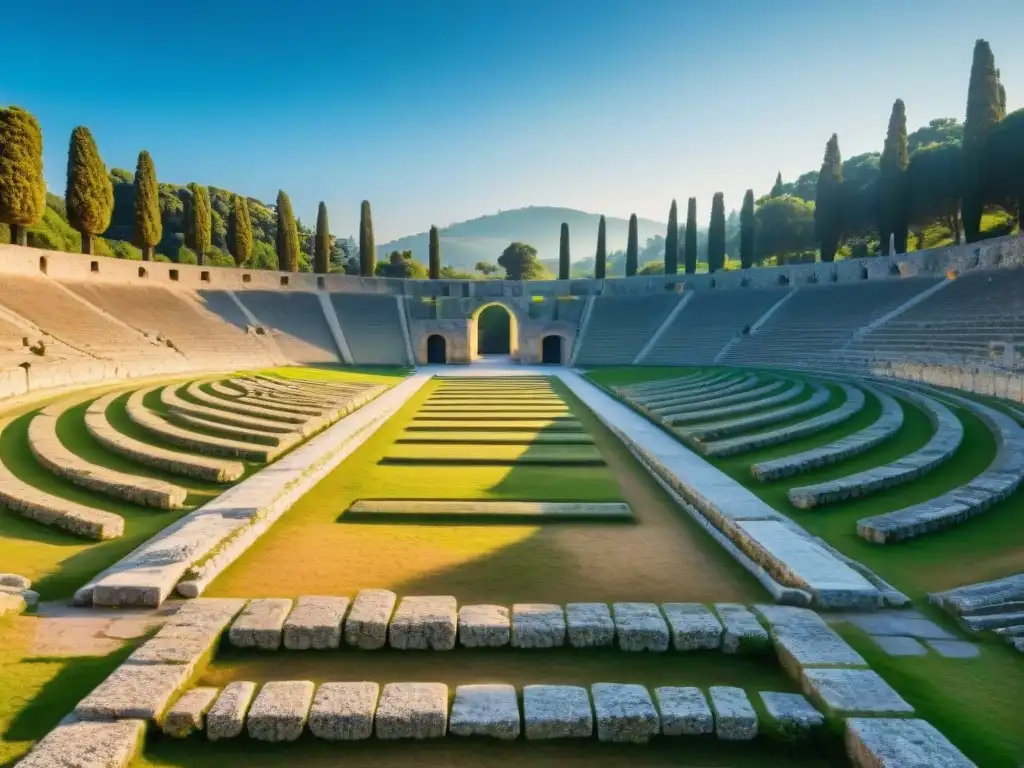 Ruinas del Estadio Olímpico en Olympia, Grecia, con asientos de piedra y vegetación