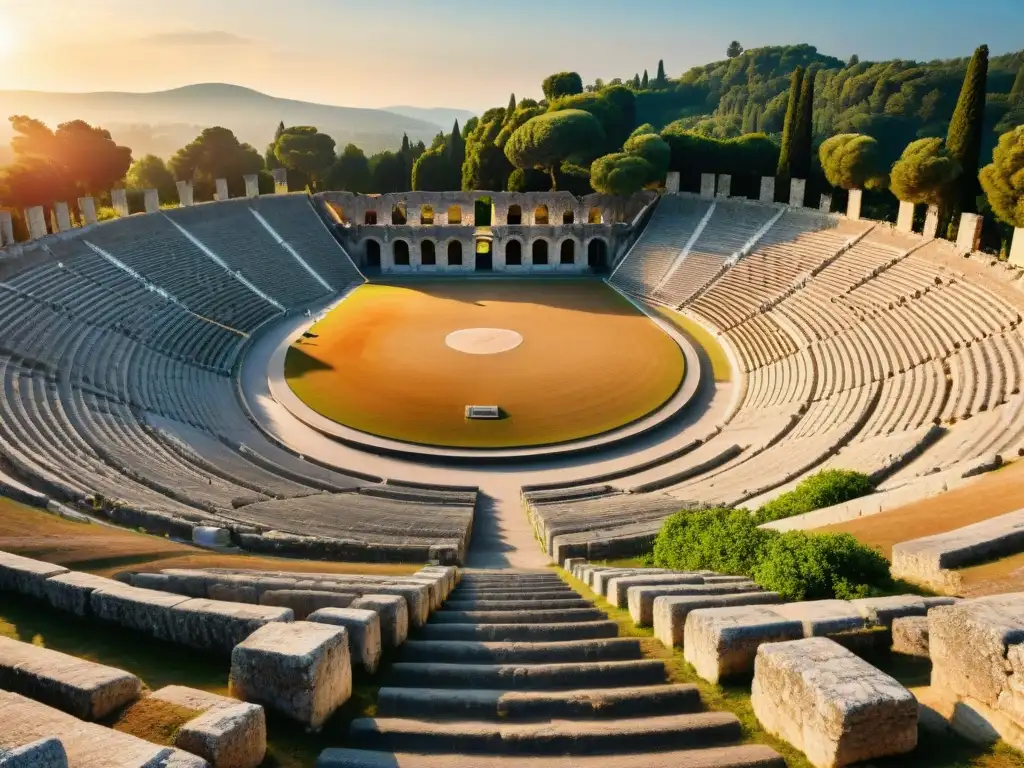 Ruinas del Estadio Olímpico en Olympia, Grecia, con asientos de piedra cubiertos de vegetación