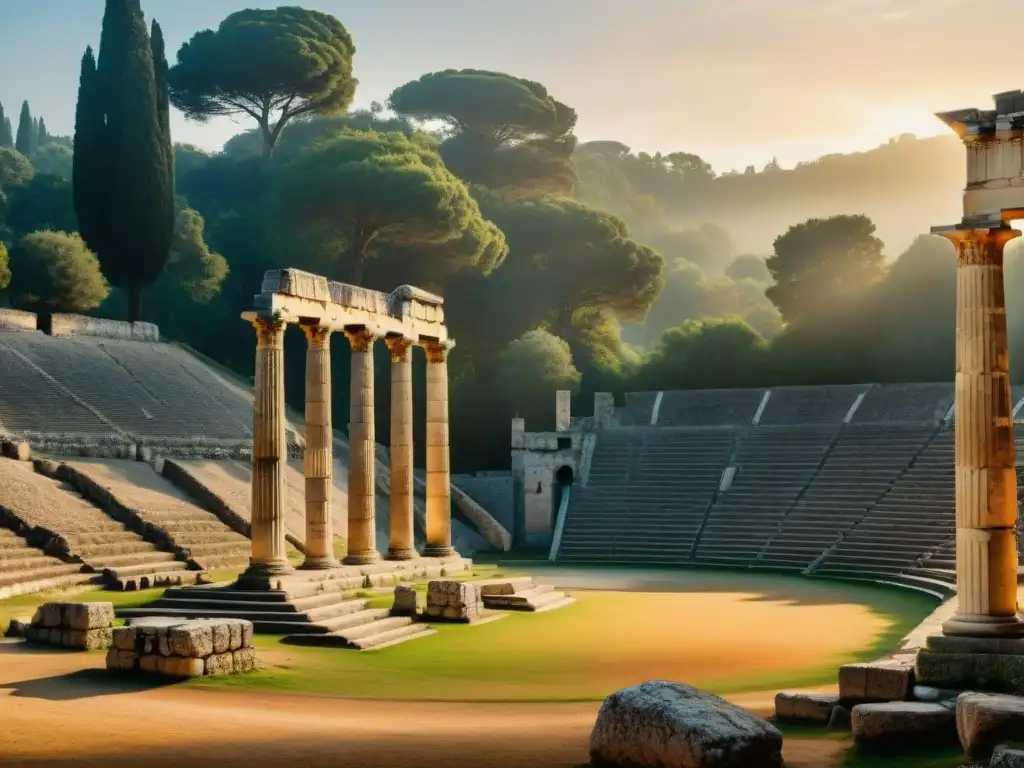 Ruinas del Estadio Olímpico en Olympia al atardecer, historia de los Juegos Olímpicos antiguos