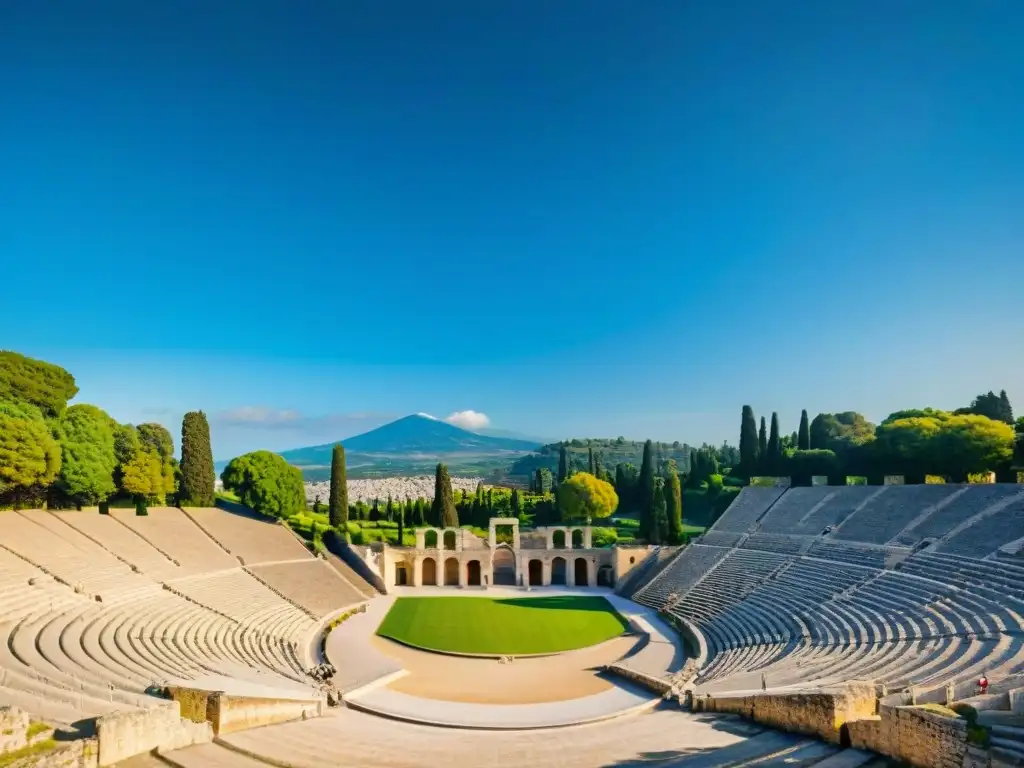 Ruinas del Estadio Olímpico en Olimpia, Grecia, destacando columnas y arcos contra un cielo azul