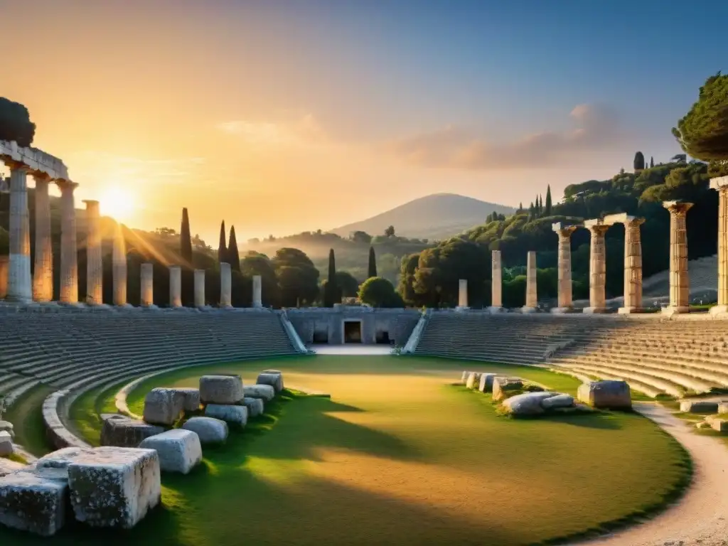 Ruinas del Estadio Olímpico en Olimpia, Grecia, bañadas por la luz dorada del atardecer