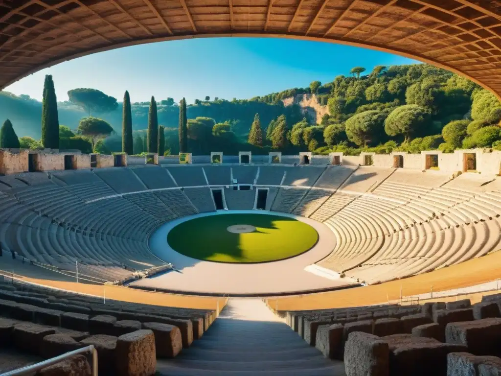 Ruinas impresionantes del Estadio Olímpico en Olimpia, Grecia, destacando la arquitectura bajo cielo azul