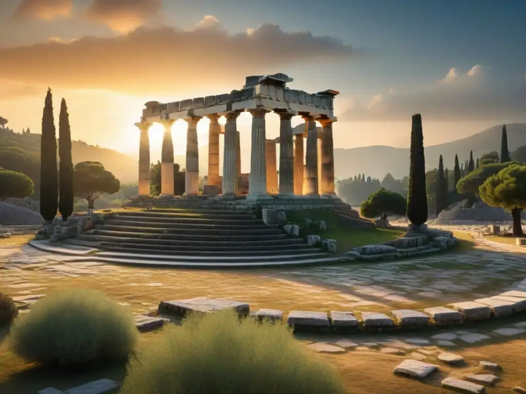 Ruinas majestuosas del antiguo Estadio Olímpico en Olimpia, Grecia, con cálida luz dorada