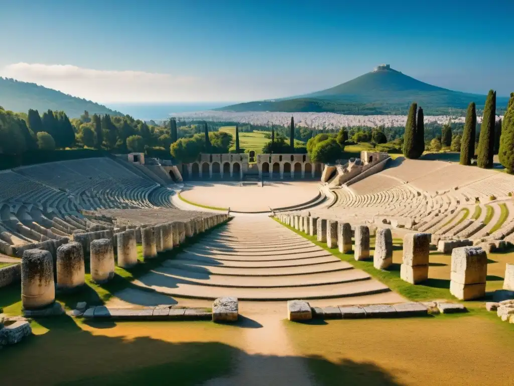 Ruinas majestuosas del Estadio Olímpico en Olympia, Grecia, bajo cielo azul