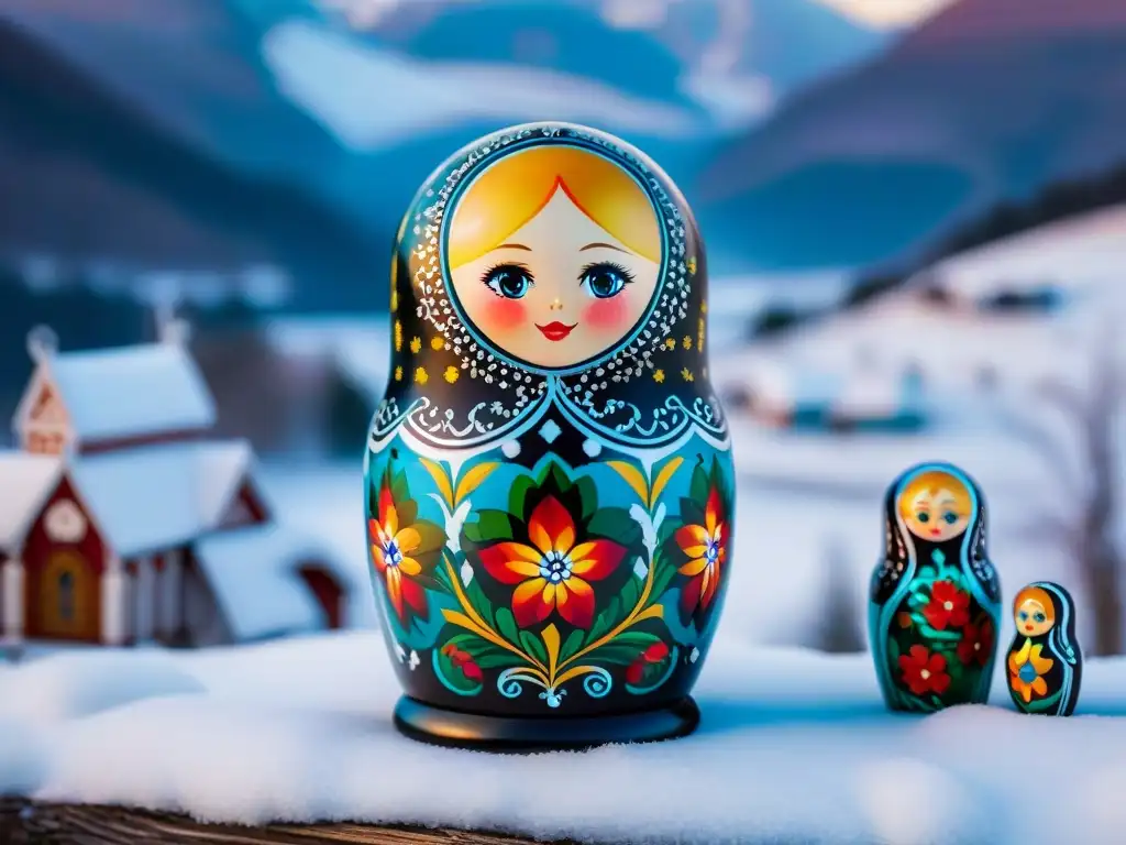 Matryoshka rusa pintada con colores vibrantes y patrones tradicionales, en nevado paisaje ruso con iglesias cúpulas