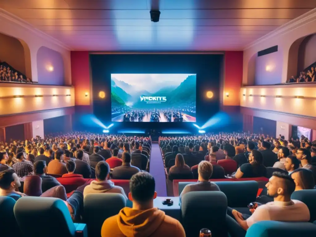 Una sala de cine llena de espectadores diversos viendo intensamente un torneo de eSports