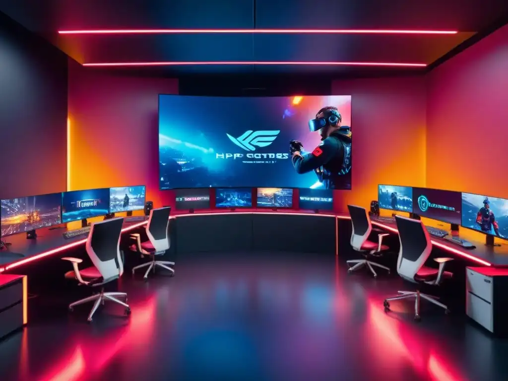 Sala de entrenamiento eSports de alta tecnología con atletas profesionales y equipamiento de última generación