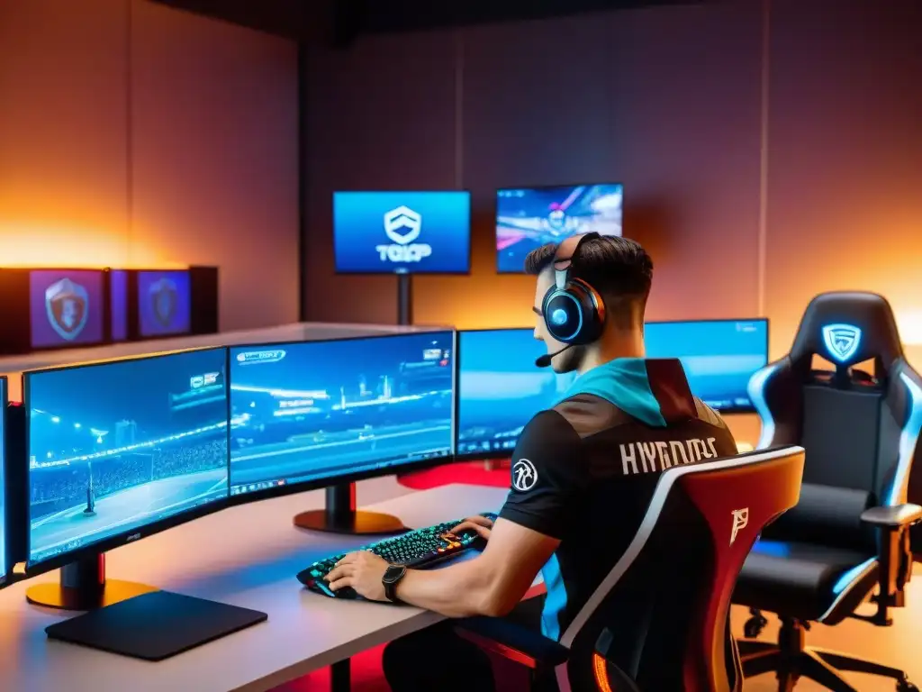 Sala de entrenamiento de equipo top eSports: preparación intensa con tecnología de vanguardia y atmósfera inmersiva