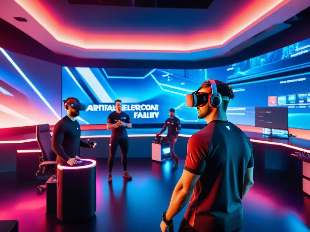 Sala de entrenamientos de eSports con Inteligencia Artificial: Jugadores profesionales en batallas virtuales con auriculares de realidad virtual y tecnología de vanguardia