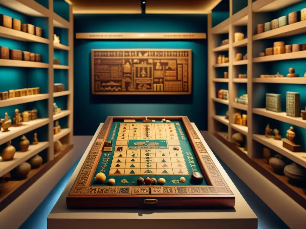 Una sala histórica de Museos de juegos históricos internacionales, con un tablero egipcio de Senet y otros juegos antiguos de culturas globales